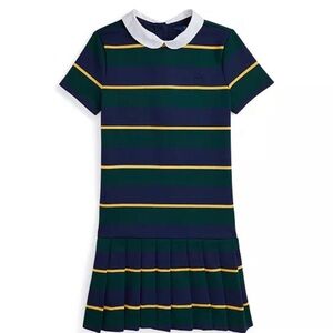 Polo by Ralph Lauren Navy & Forest Green Striped Polo Dress with Yellow Trim